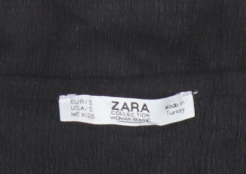 ZARA Women Black Basic V-Neck Knot Front Short Sleeve Blouse Size S