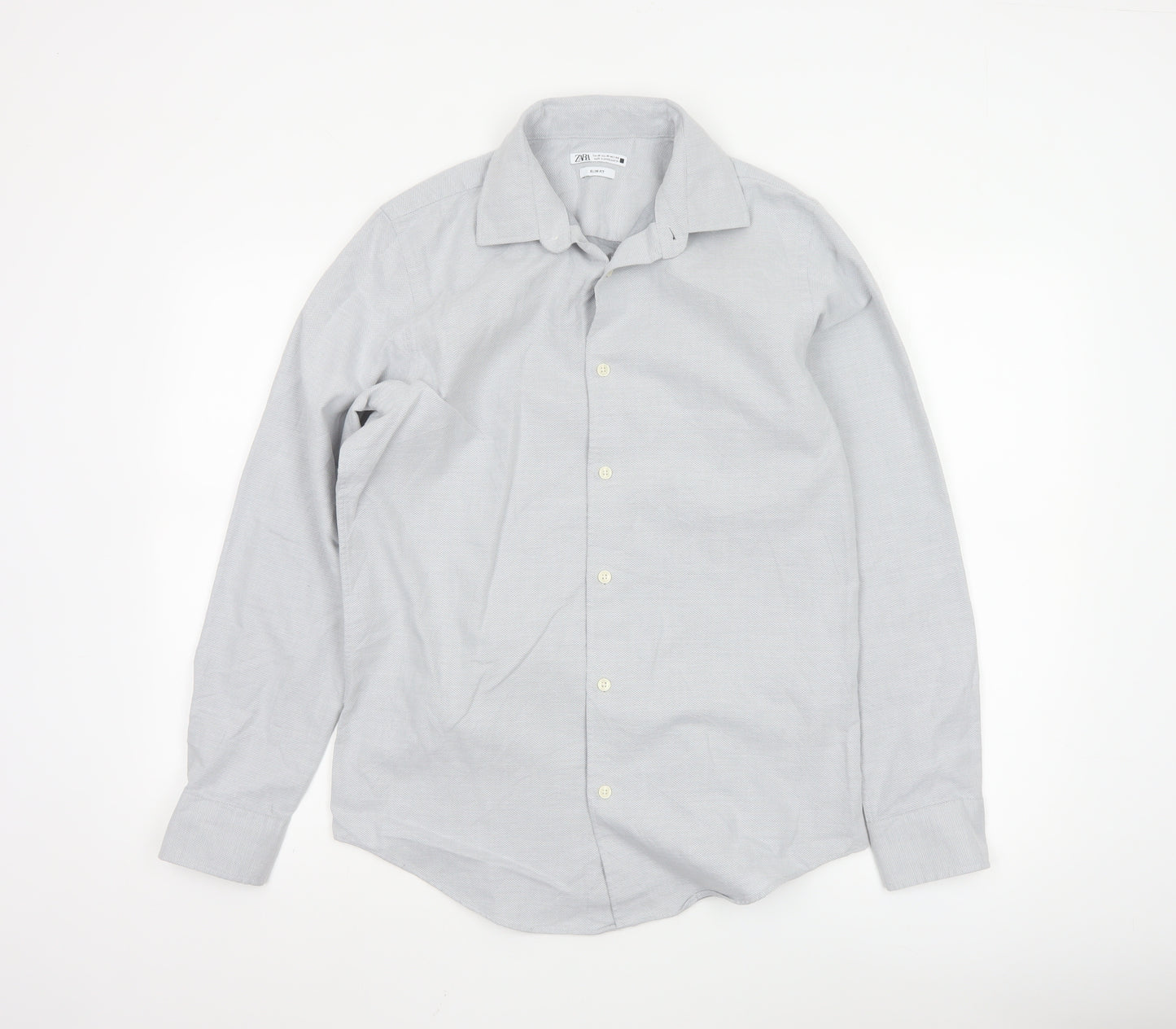 Zara Mens Grey Slim Fit Long Sleeve Button-Up Shirt Size M