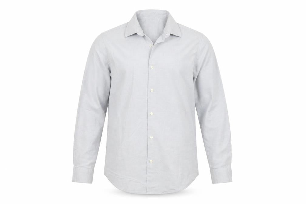 Front view of Zara men’s grey slim fit long sleeve button-up shirt, size M