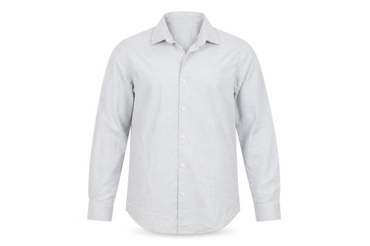Front view of Zara men’s grey slim fit long sleeve button-up shirt, size M