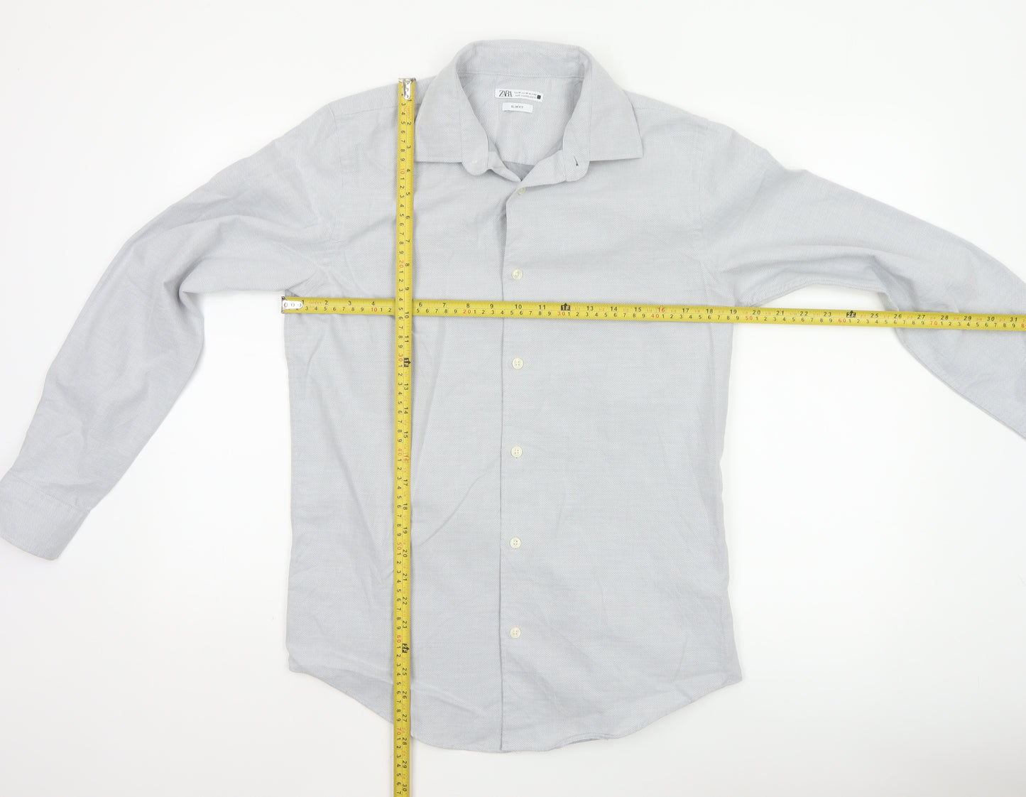 Zara Mens Grey Slim Fit Long Sleeve Button-Up Shirt Size M