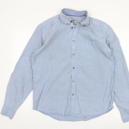 Marks and Spencer Men's Blue Striped Regular Fit Oxford Shirt M