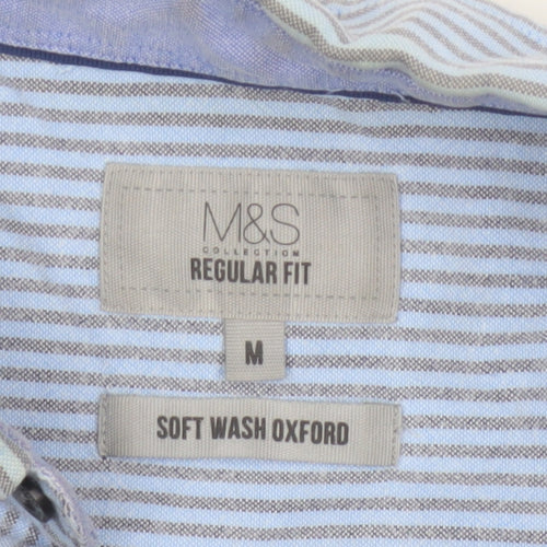 Marks and Spencer Men's Blue Striped Regular Fit Oxford Shirt M