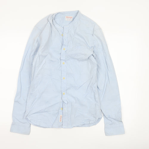 AllSaints Men’s Blue Slim Fit Cotton Long Sleeve Band Collar Shirt XS