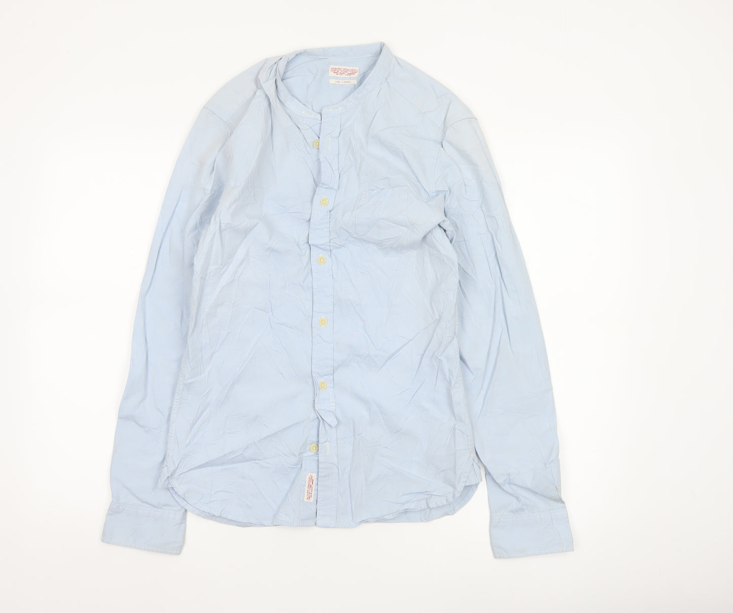 AllSaints Men’s Blue Slim Fit Cotton Long Sleeve Band Collar Shirt XS