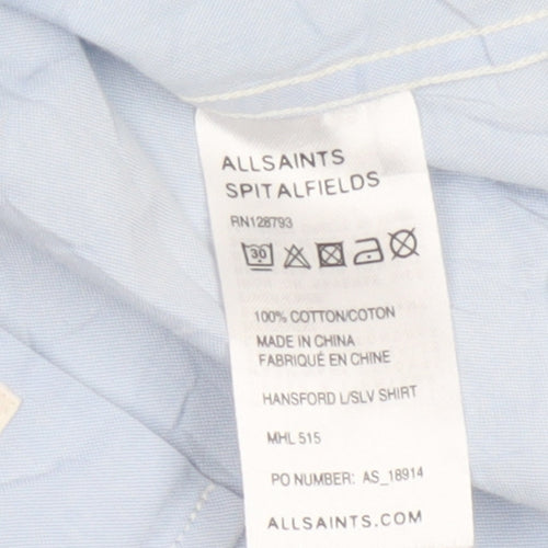 AllSaints Men’s Blue Slim Fit Cotton Long Sleeve Band Collar Shirt XS