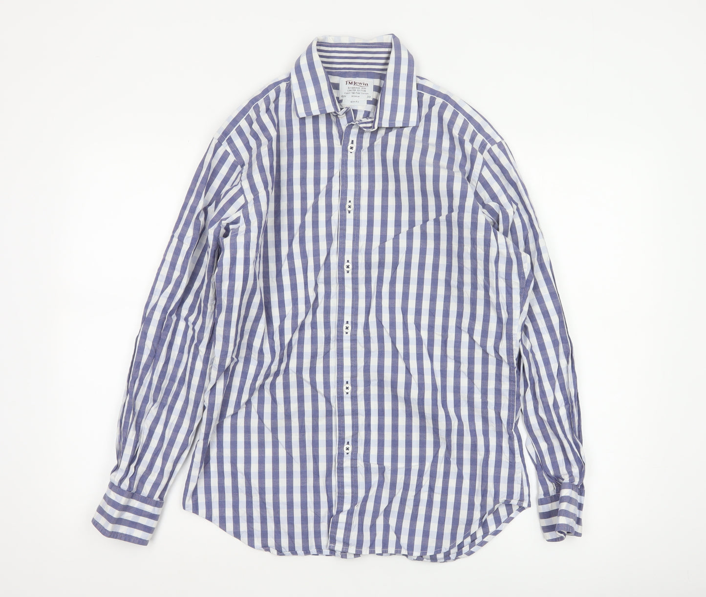 T.M.Lewin Men's Blue Check Slim Fit Cotton Long Sleeve Shirt 15.5in