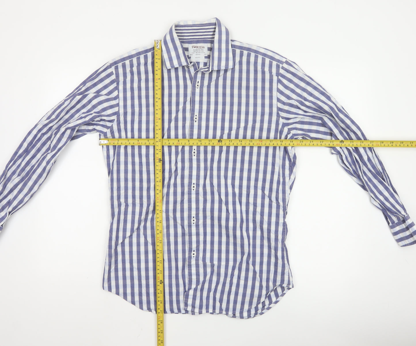 T.M.Lewin Men's Blue Check Slim Fit Cotton Long Sleeve Shirt 15.5in
