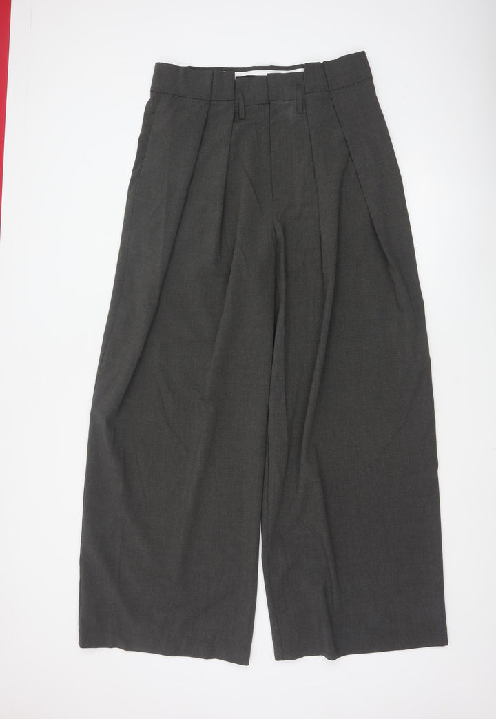 Zara Women Grey Wide-Leg Pleated High-Rise Trousers Size 14