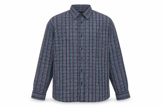 Front view of F&F Men's Blue Checked Long Sleeve Button-Up Cotton Shirt 2XL