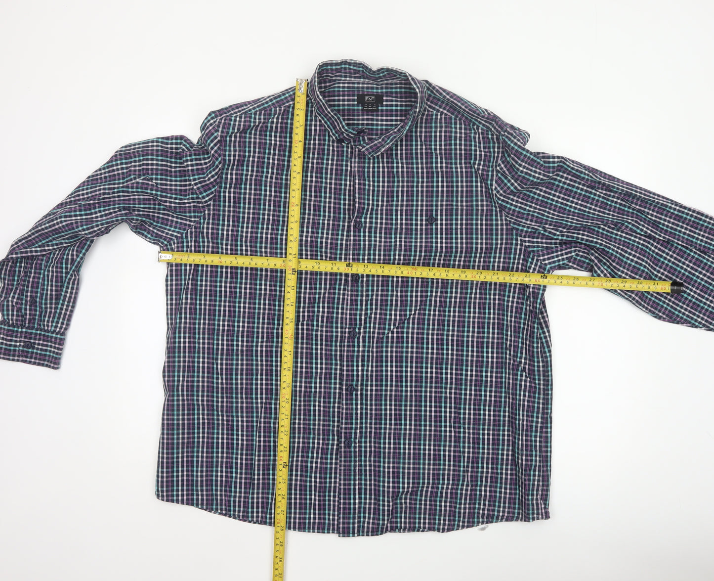 F&F Men's Blue Checked Long Sleeve Button-Up Cotton Shirt 2XL
