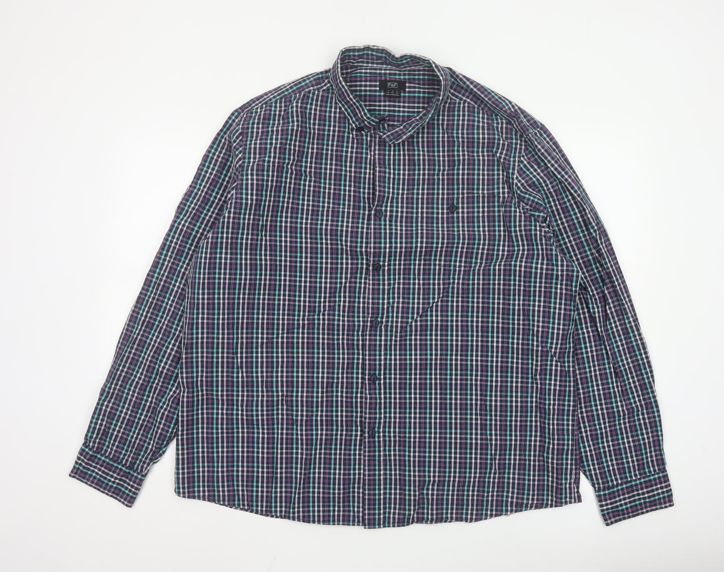 F&F Men's Blue Checked Long Sleeve Button-Up Cotton Shirt 2XL