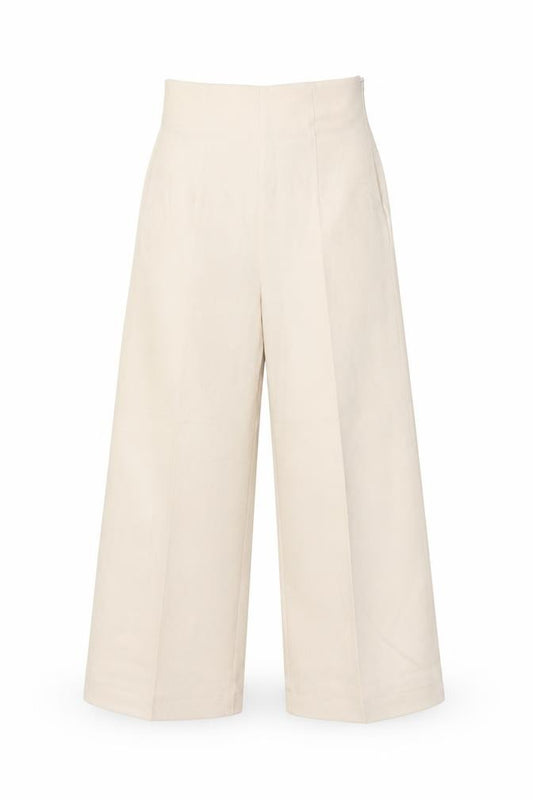 Front view of Zara women’s beige wide-leg high rise tailored trousers xs