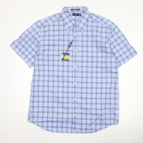 LINCS David Chu Men's Blue Check Short Sleeve Cotton Shirt XL