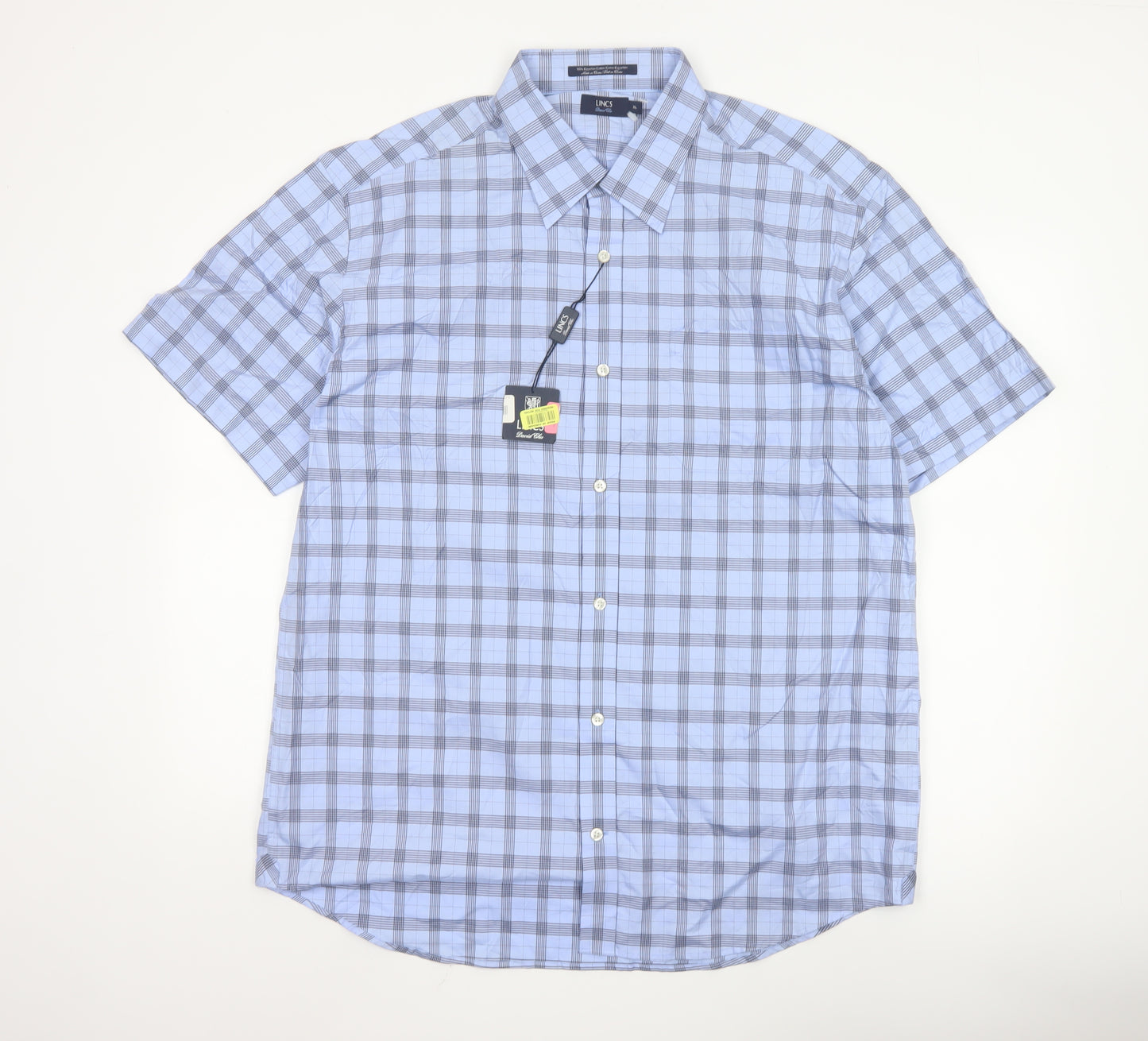 LINCS David Chu Men's Blue Check Short Sleeve Cotton Shirt XL
