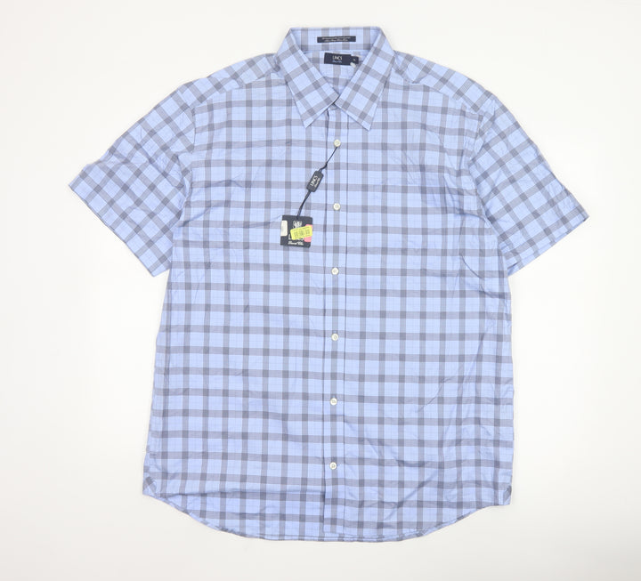 LINCS David Chu Men's Blue Check Short Sleeve Cotton Shirt XL