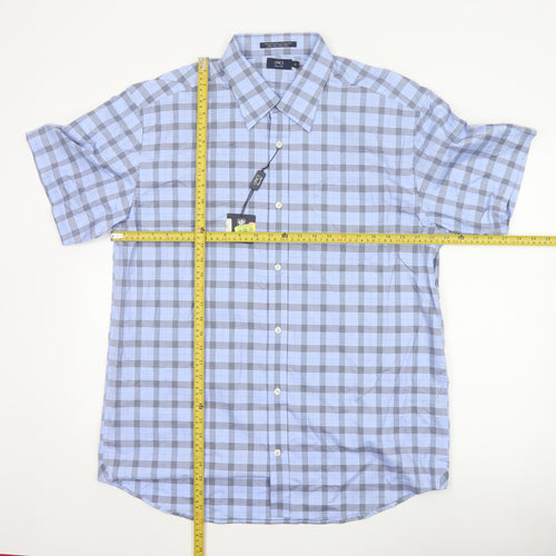 LINCS David Chu Men's Blue Check Short Sleeve Cotton Shirt XL