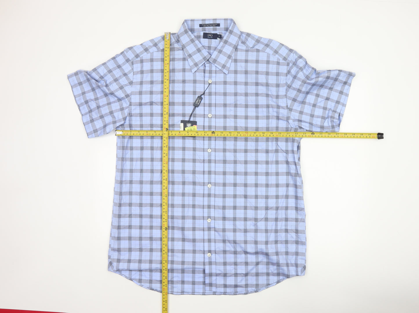 LINCS David Chu Men's Blue Check Short Sleeve Cotton Shirt XL