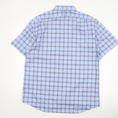 LINCS David Chu Men's Blue Check Short Sleeve Cotton Shirt XL