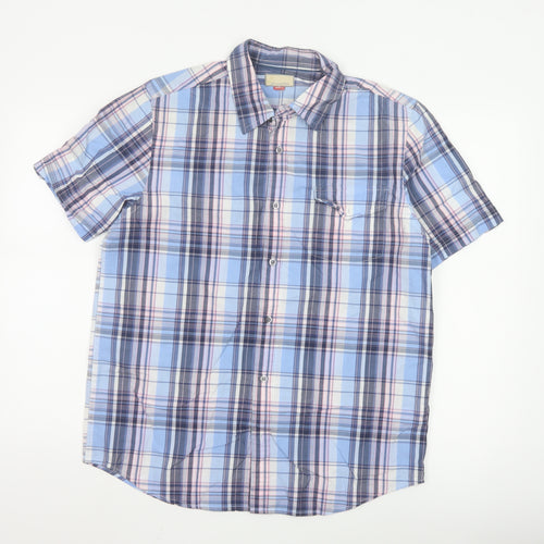 John Lewis Men Blue Checked Cotton Short Sleeve Button-Up Shirt Medium