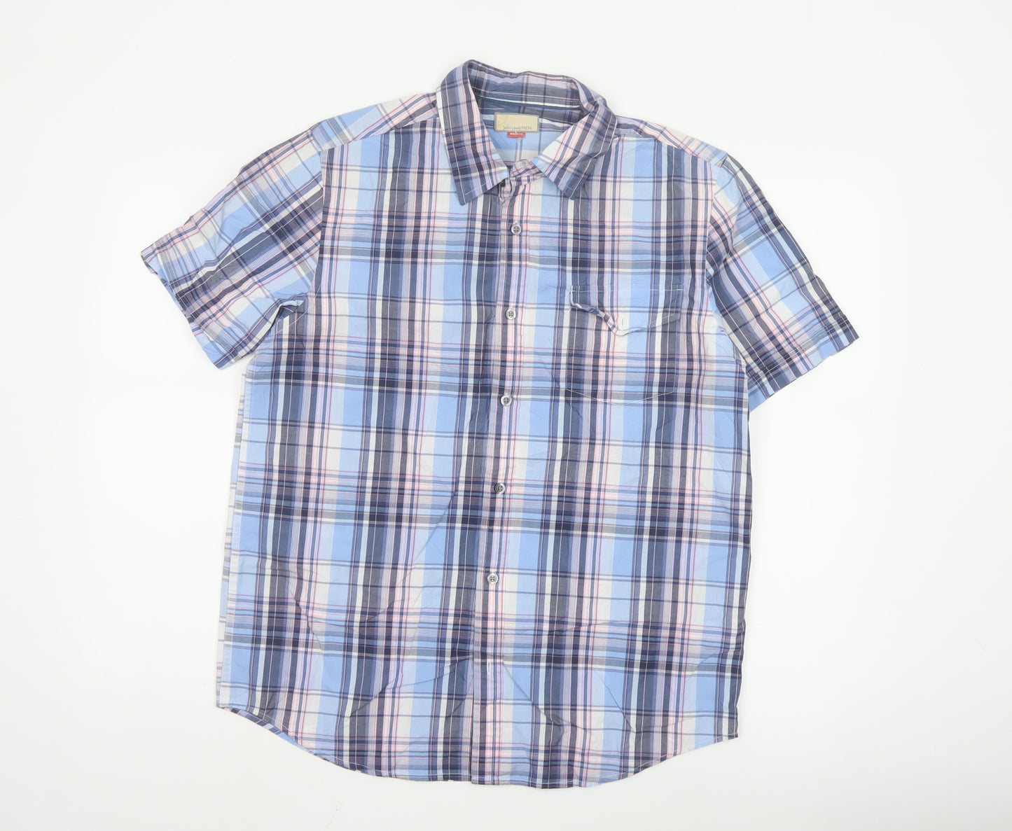 John Lewis Men Blue Checked Cotton Short Sleeve Button-Up Shirt Medium
