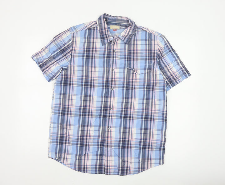 John Lewis Men Blue Checked Cotton Short Sleeve Button-Up Shirt Medium