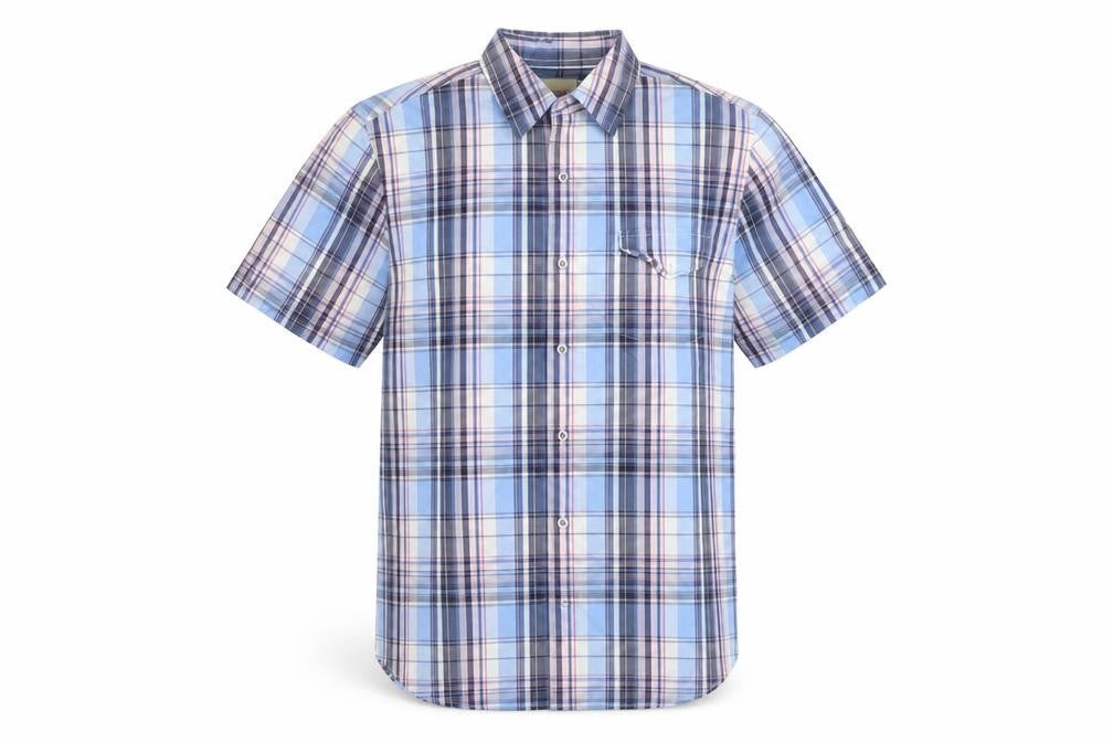 John Lewis Men Blue Checked Cotton Short Sleeve Button-Up Shirt Medium