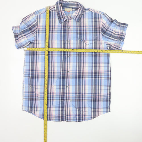 John Lewis Men Blue Checked Cotton Short Sleeve Button-Up Shirt Medium