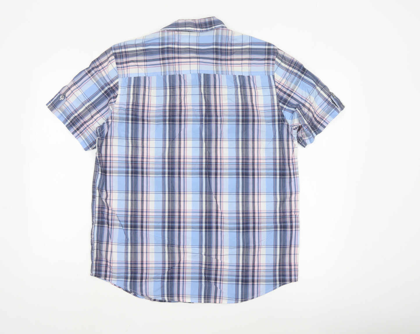 John Lewis Men Blue Checked Cotton Short Sleeve Button-Up Shirt Medium