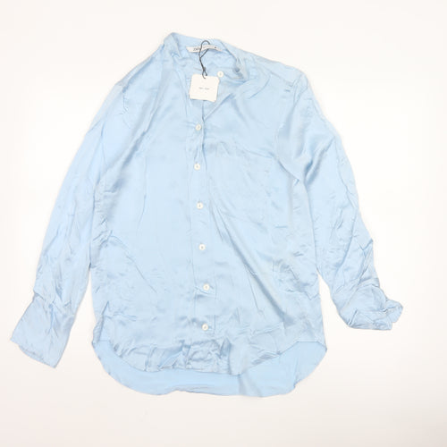 Zara Women Blue Silk Button-Up Long Sleeve Shirt XS