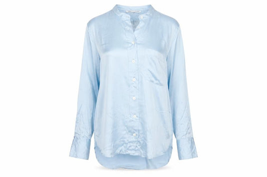 Front view of Zara Women Blue Silk Button-Up Long Sleeve Shirt XS