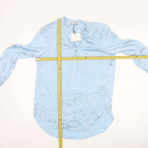 Zara Women Blue Silk Button-Up Long Sleeve Shirt XS