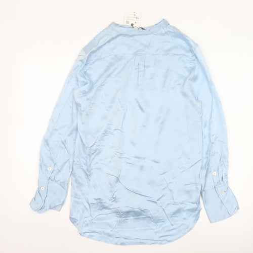 Zara Women Blue Silk Button-Up Long Sleeve Shirt XS