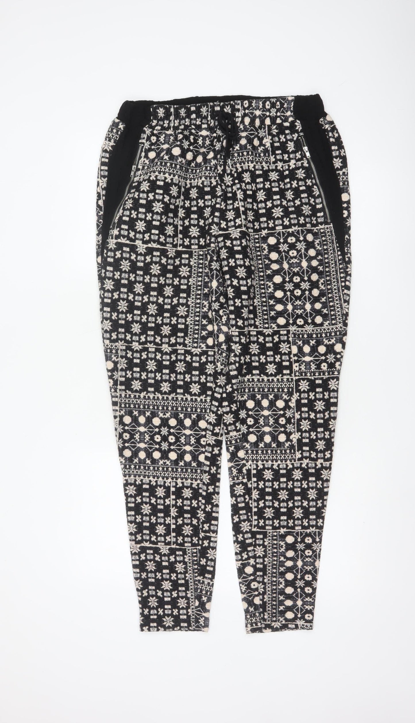 H&M Women Black & Beige Patterned Jogger Trousers Size 12