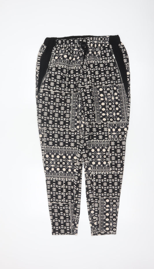 H&M Women Black & Beige Patterned Jogger Trousers Size 12
