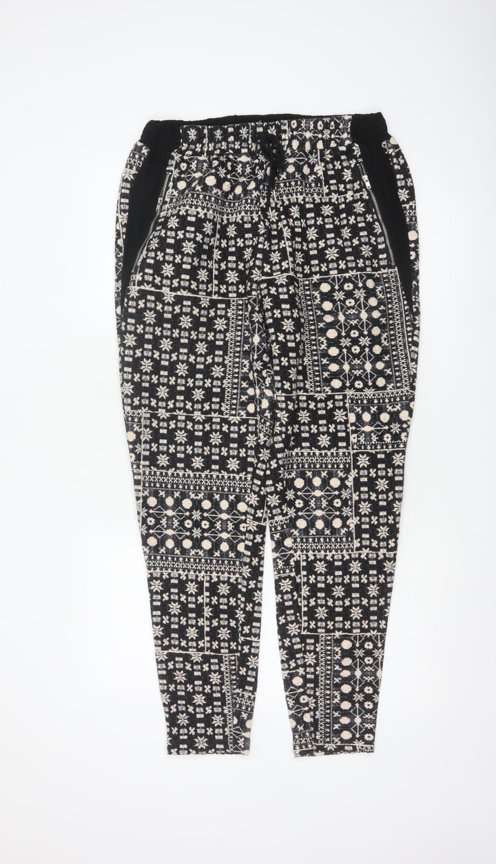 H&M Women Black & Beige Patterned Jogger Trousers Size 12