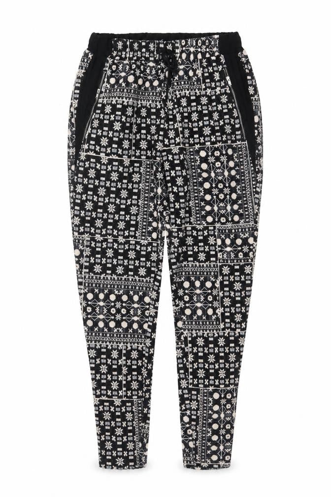 Front view of H&M Women Black & Beige Patterned Jogger Trousers, size 12