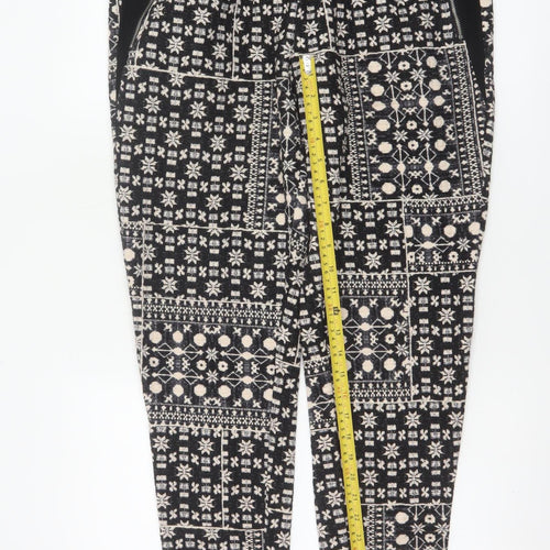 H&M Women Black & Beige Patterned Jogger Trousers Size 12