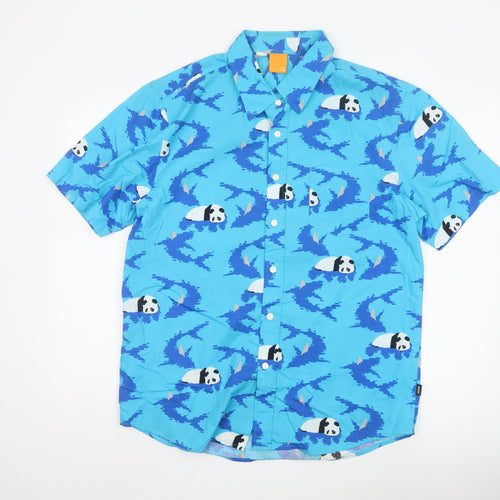 Enjoi Men's Blue Panda Print Cotton Short Sleeve Button-Up Shirt L