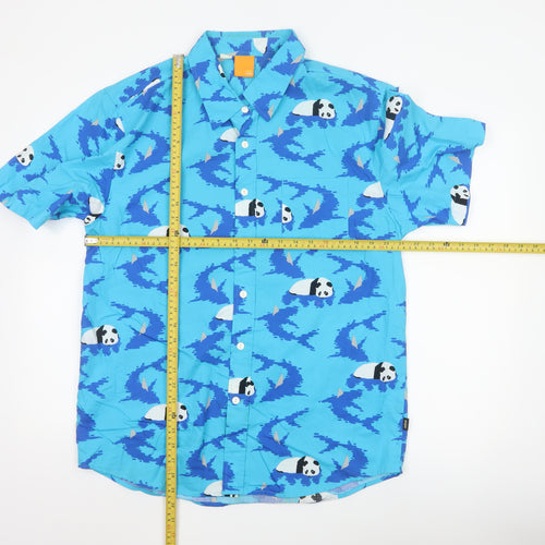 Enjoi Men's Blue Panda Print Cotton Short Sleeve Button-Up Shirt L