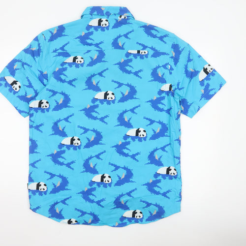 Enjoi Men's Blue Panda Print Cotton Short Sleeve Button-Up Shirt L