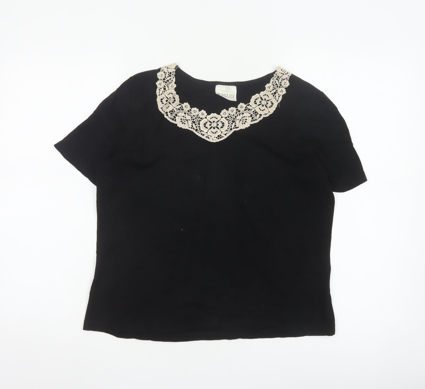Eastex Women's Black Short Sleeve Lace Neck Viscose Blouse UK 14