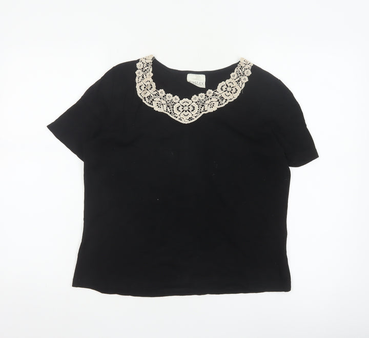 Eastex Women's Black Short Sleeve Lace Neck Viscose Blouse UK 14