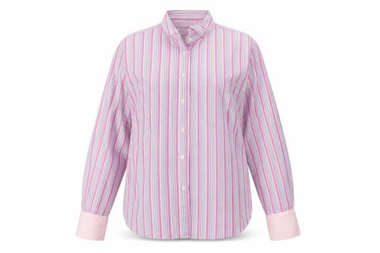 Front view of Haines & Bonner Women Pink Striped Cotton Long Sleeve Button-Up Shirt, size 12
