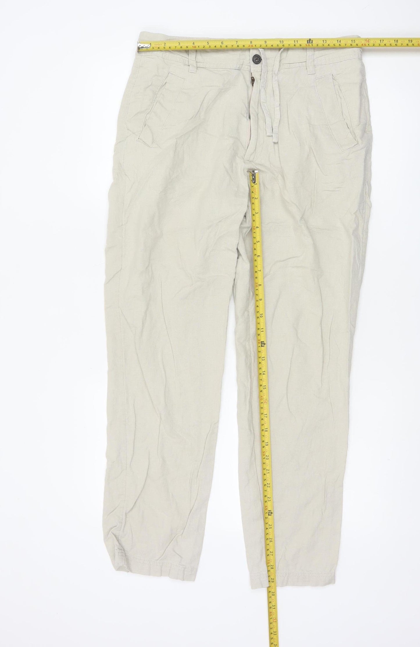 Marks and Spencer Men's Beige Linen Blend Chino Trousers 32W 31L Regular Fit