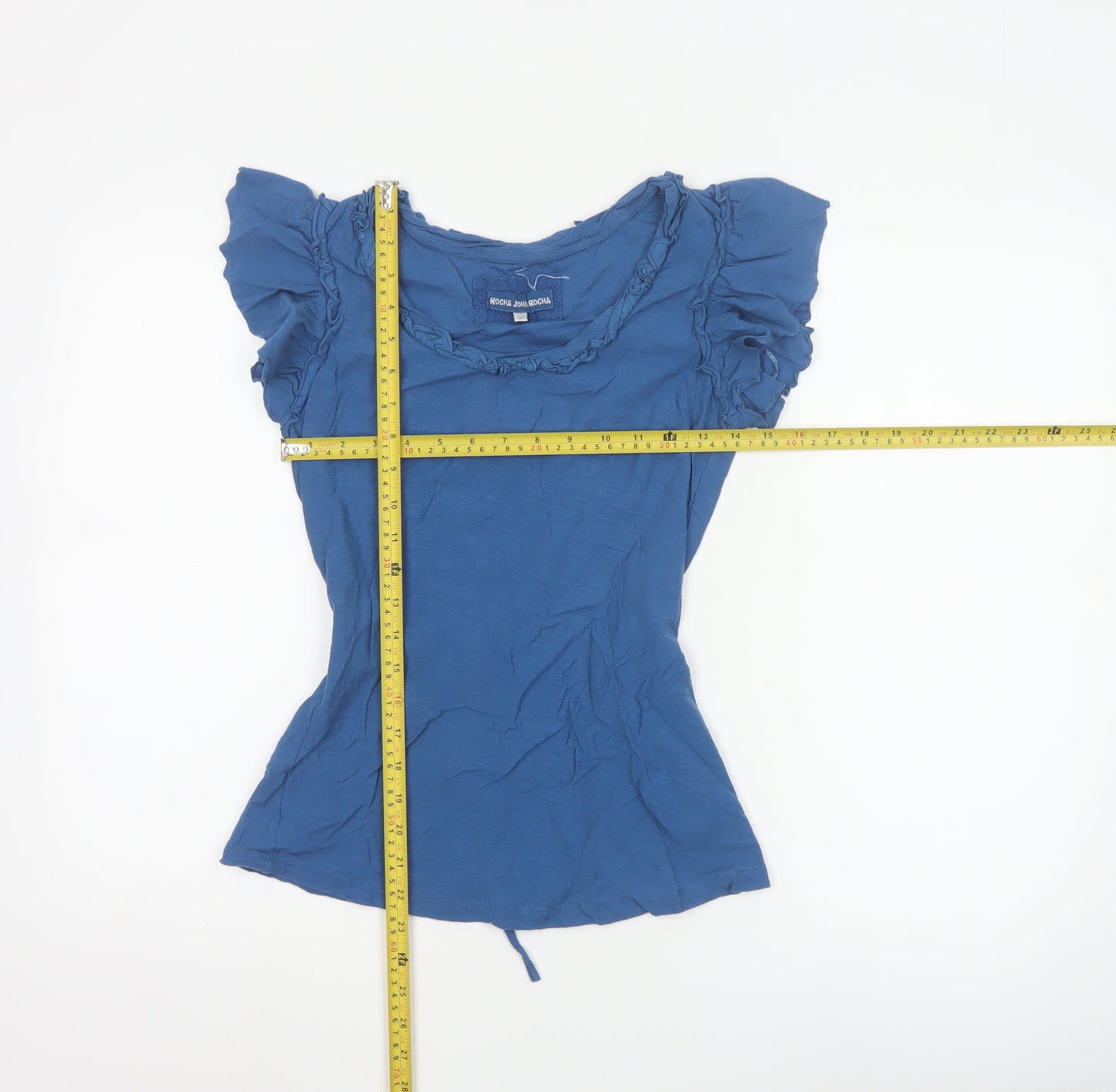 Rocha John Rocha Women’s Blue Ruffle Short Sleeve Cotton Top Size 10