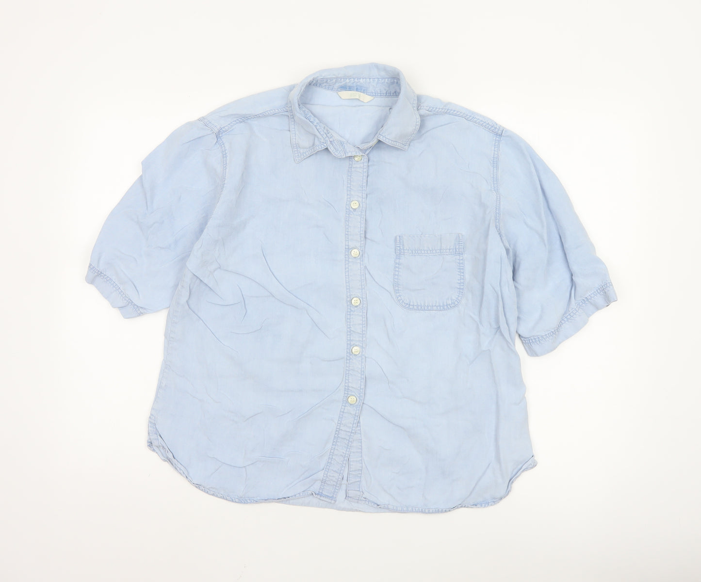 Marks and Spencer Women Blue Button-Up Short Sleeve Shirt Size 16
