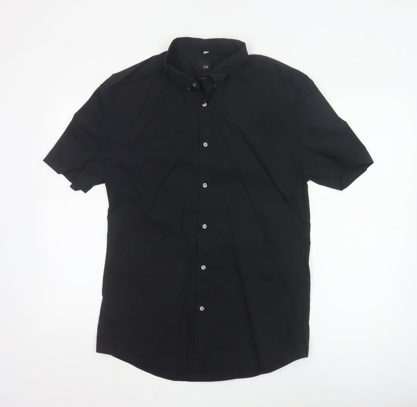 River Island Men’s Black Muscle Fit Short Sleeve Button-Up Shirt L