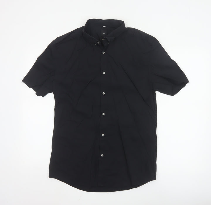 River Island Men’s Black Muscle Fit Short Sleeve Button-Up Shirt L