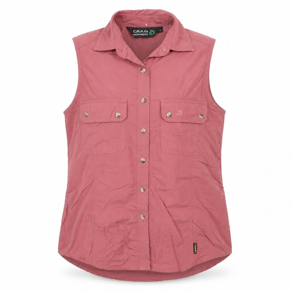 Front view of Craghoppers Women's Pink Sleeveless Collared Button-Up Shirt, size 12